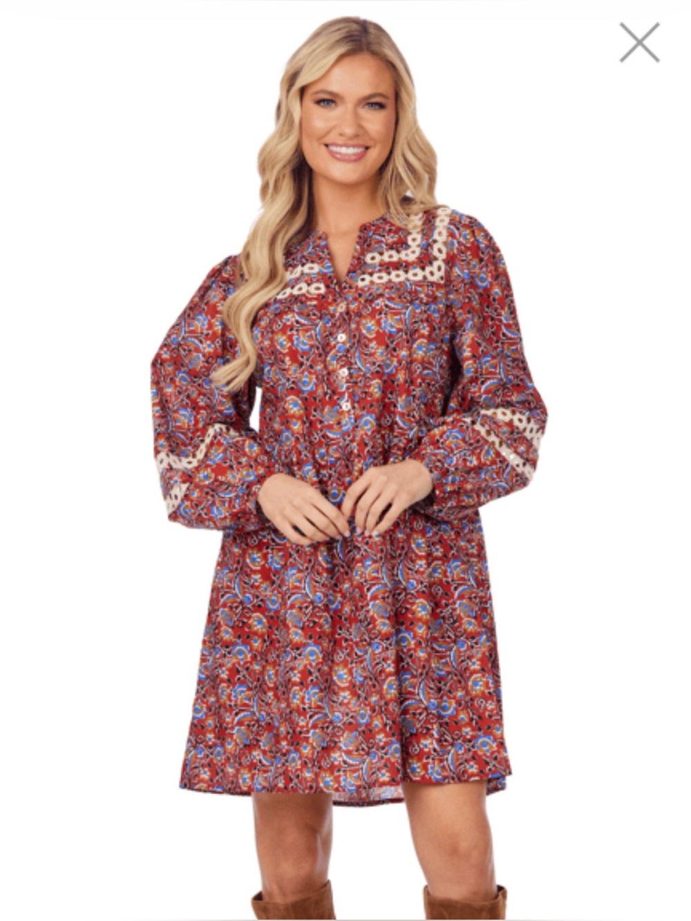 Mud Pie Red Paisley Boho Tunic Dress with Cream Lace